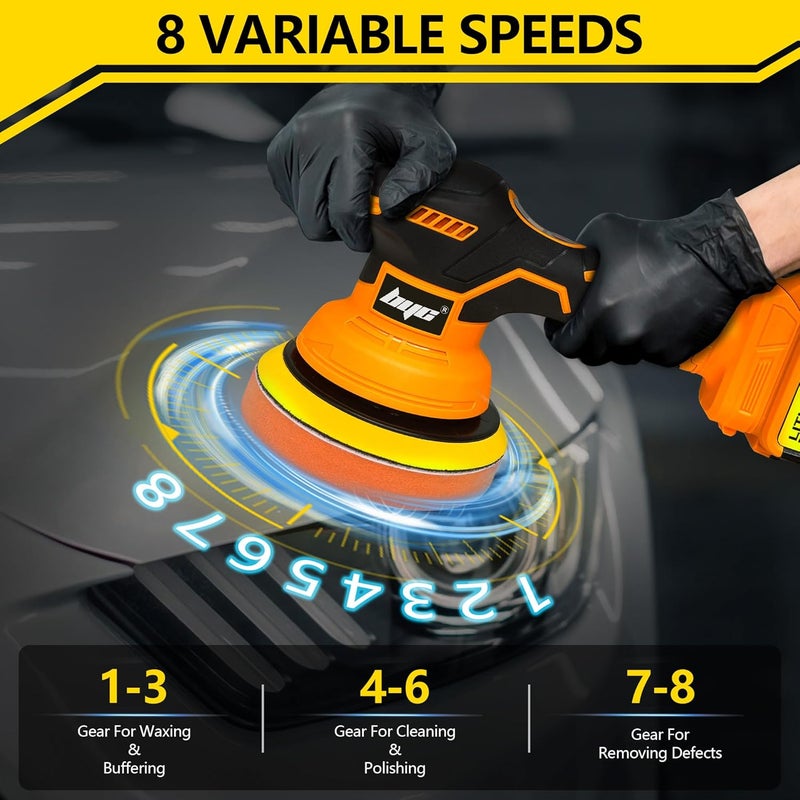 RAYLEEY Cordless Car Buffer Polisher kit - 2Pcs 2000mAh 21V Battery, 6 Inch Portable Orbital Buffer Polisher Kit, 8 Variable Speed Car Polisher for Car Detailing/Polishing/Waxing - Image 3